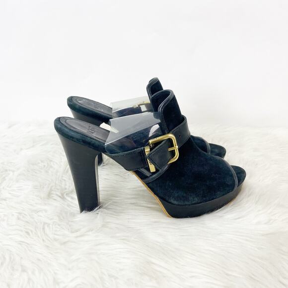 Ugg 8.5 Womens Black Suede Leather Karlee Slide Mule Stack Heels Peep Toe Buckle - Picture 2 of 12